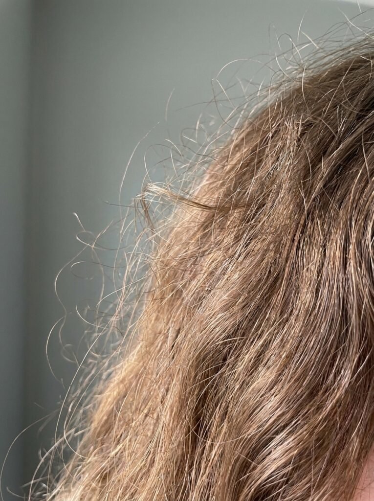 Close-up of frizzy, fuzzy hair texture with fine strands standing away from the surface