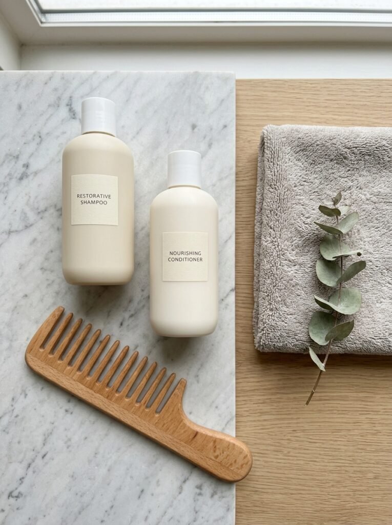 Flat lay of shampoo, conditioner, a wide-tooth comb and a soft hair towel on a light shelf