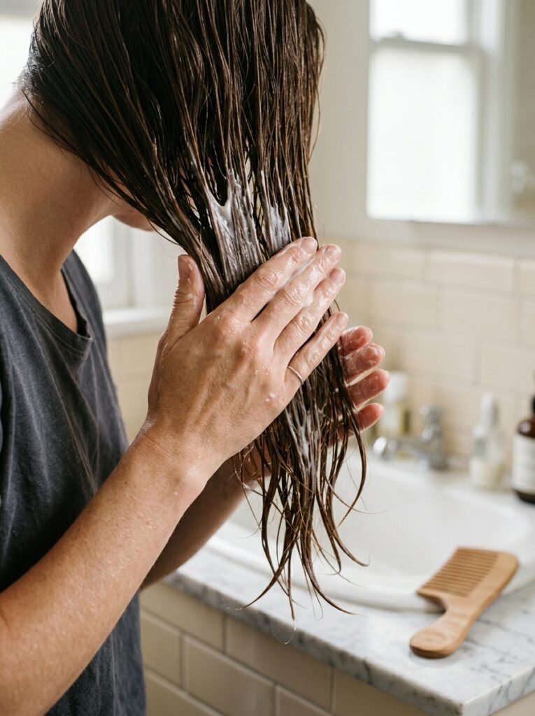 Person smoothing a hair mask from mid-length to the ends of their damp hair