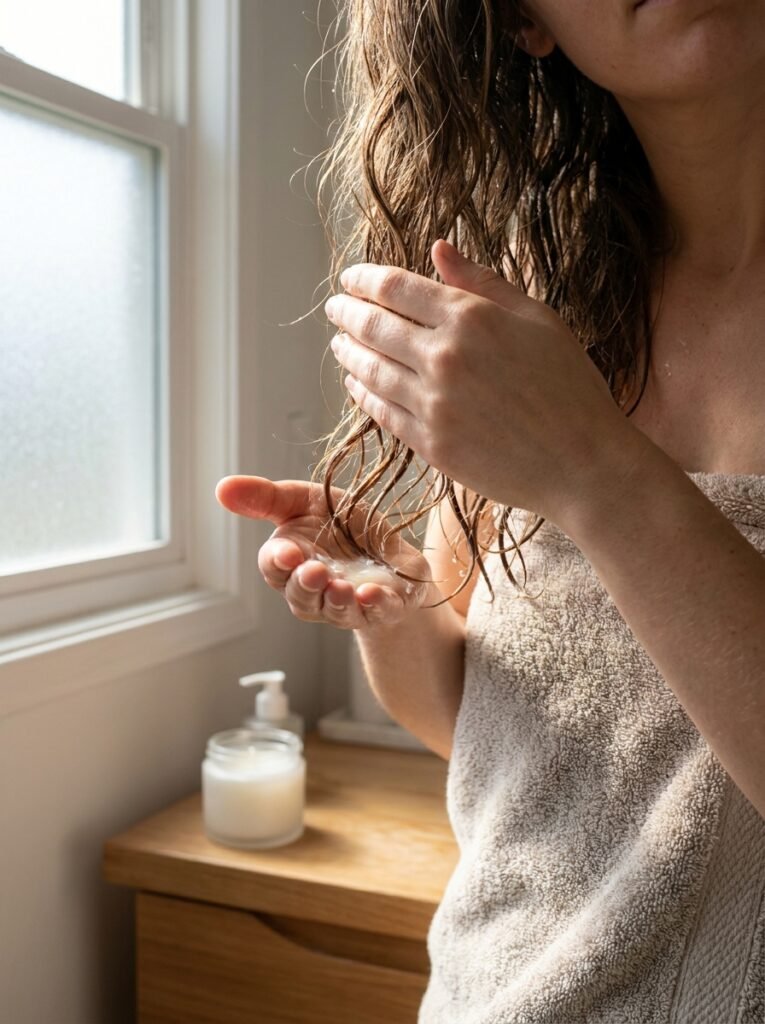 Person smoothing a leave-in cream through the ends of their damp hair