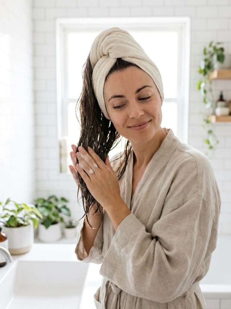 Woman applying a creamy hair mask to the lengths of her damp hair in a bright bathroom] Caption