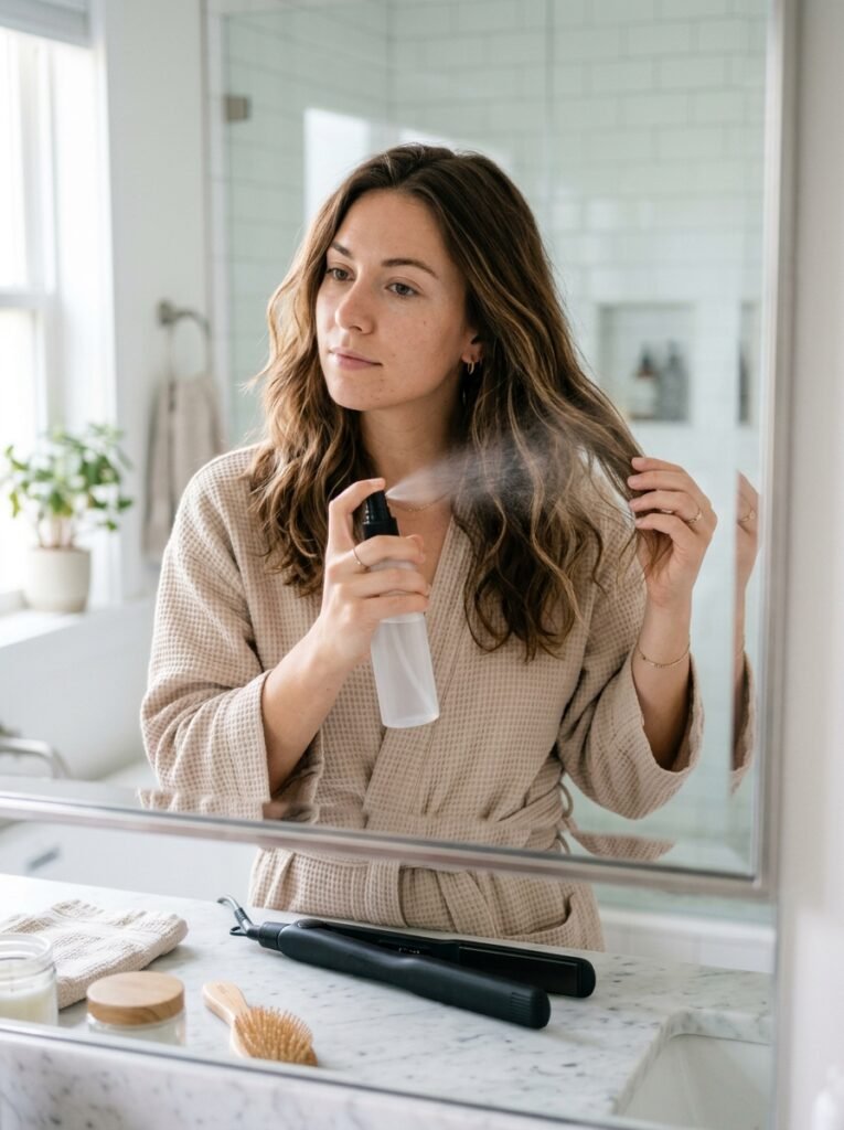Woman spraying heat protectant onto her hair before using a flat iron