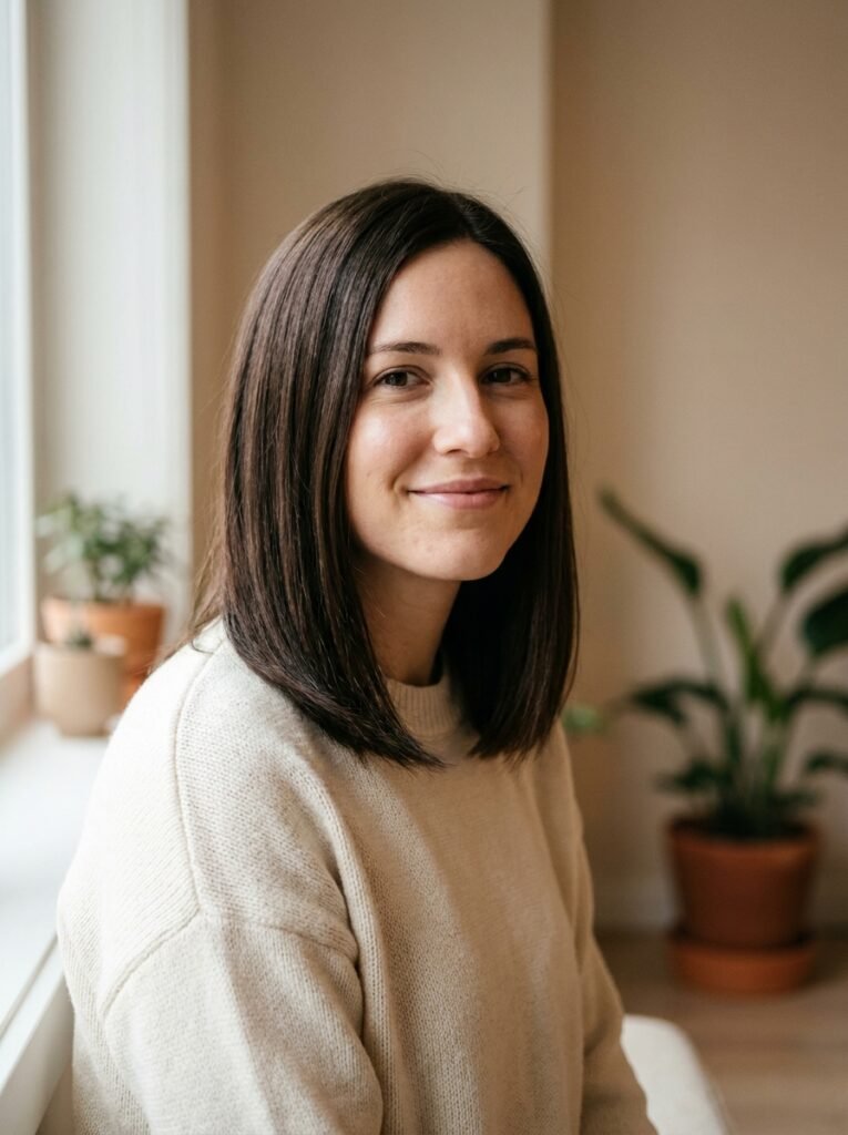 [Woman with smooth, healthy medium-length hair looking calm and confident in soft light